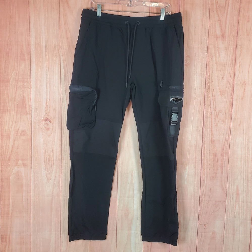 Supply & Demand Cargo Pants Mens XL‎ Black Stretch Logo Straight Leg Drawstring